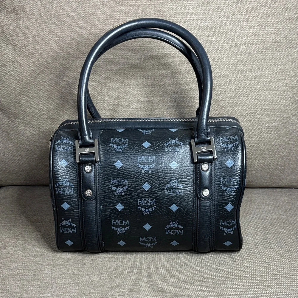 MCM  Visetos Black Boston Bag Leather Trim Silver Hardware Charms CIOA